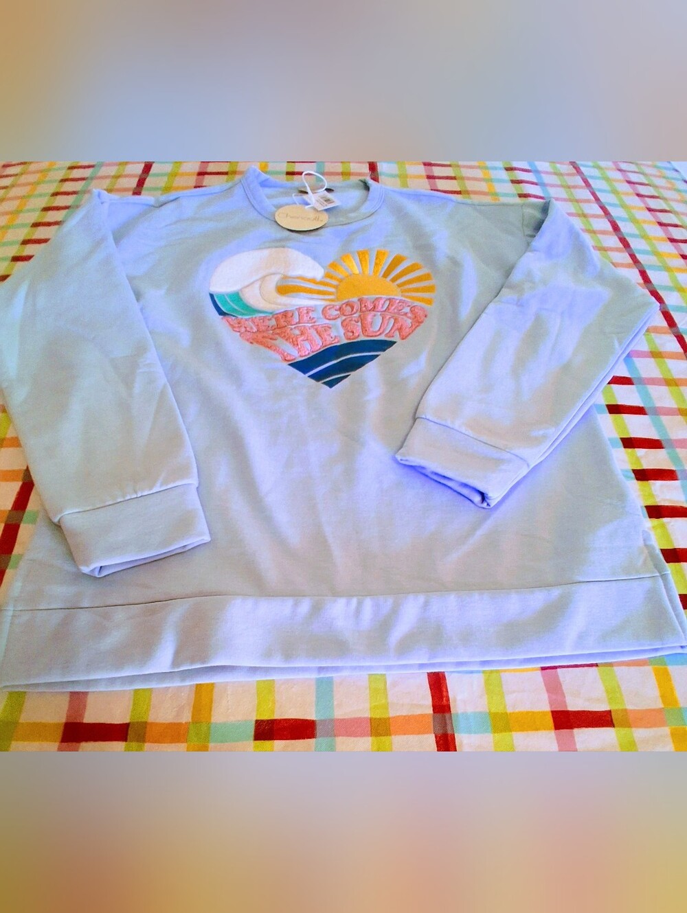 NWT Ladies Pastel Blue Swratshirt, Design Of Sun, Clouds Etc. Sz M, L